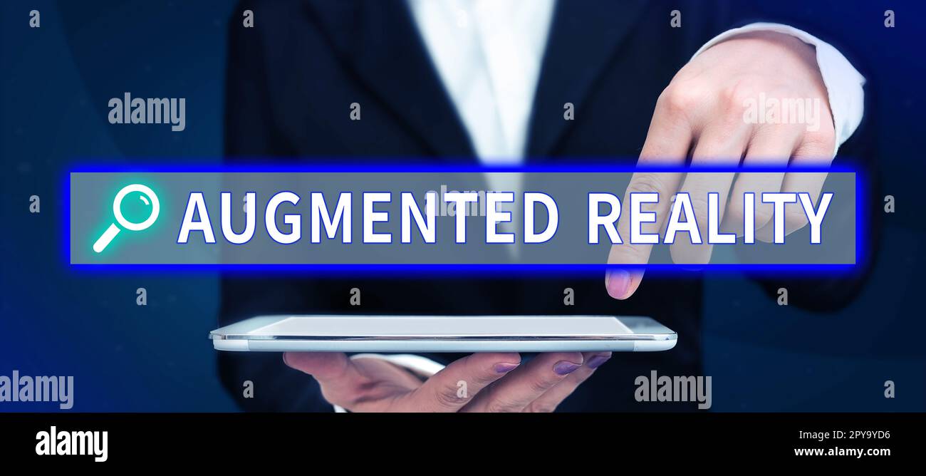 Visualizzazione concettuale realtà aumentata. Parola per tecnologia che impone l'immagine del computer sul mondo reale Foto Stock