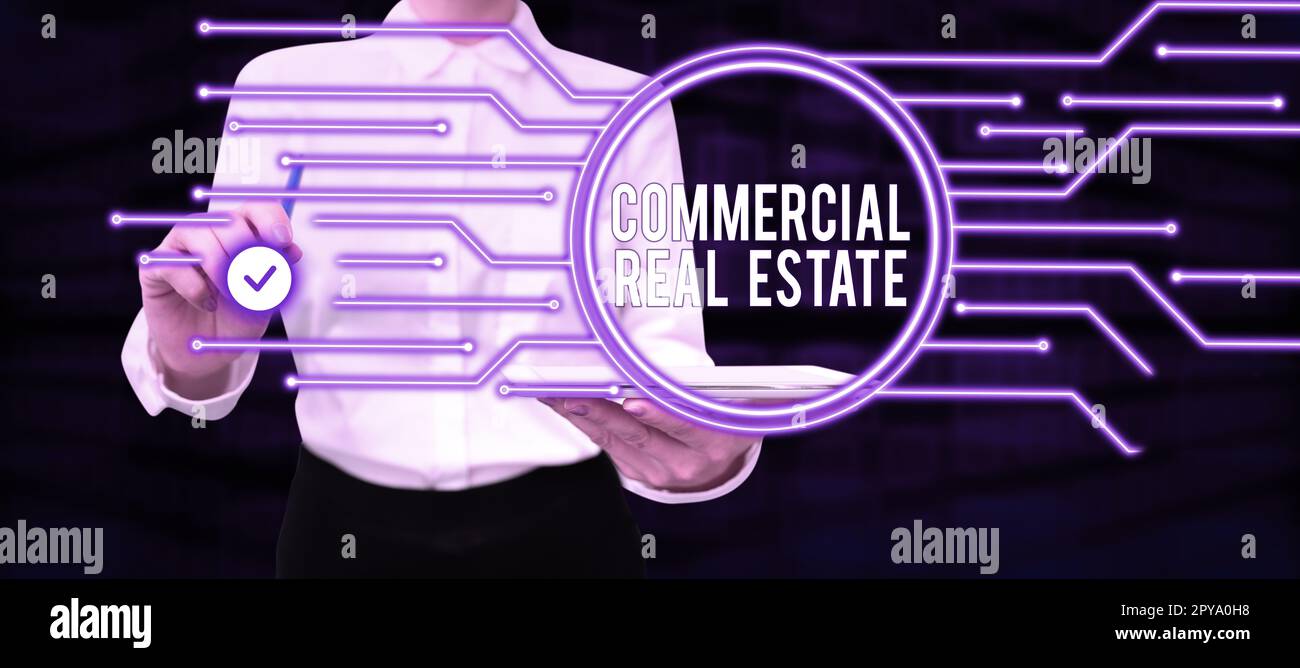 Segno che mostra bene immobile commerciale. Concettuale foto reddito costruzione di proprietà o terreno per scopi commerciali Foto Stock