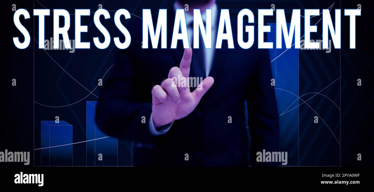 Scrittura a mano segno stress Management. Business showcase imparare modi di comportarsi e pensare che riducono lo stress Foto Stock