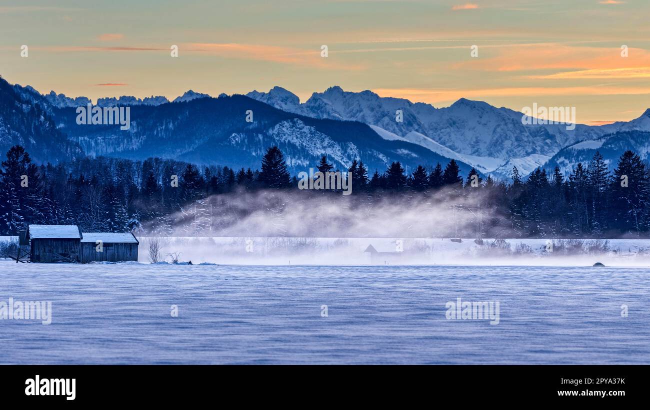 Guida neve, vento, nebbia Sossau, Baviera, Germania Foto Stock