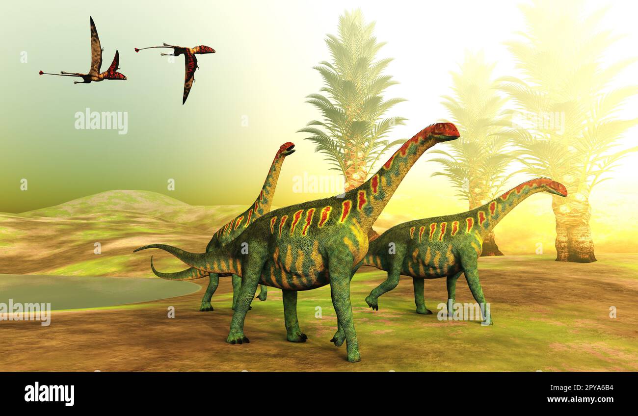 I pterosauri di Dimorphodon seguono una mandria di dinosauri di Jobaria sauropod durante il periodo giurassico. Foto Stock