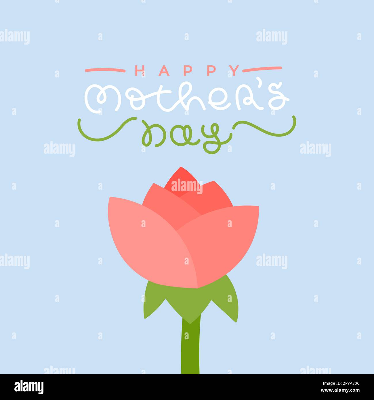 Buona festa della mamma. Rosa fiore disegnato a mano. Lettere arrotondate. Illustrazione vettoriale, design piatto Illustrazione Vettoriale