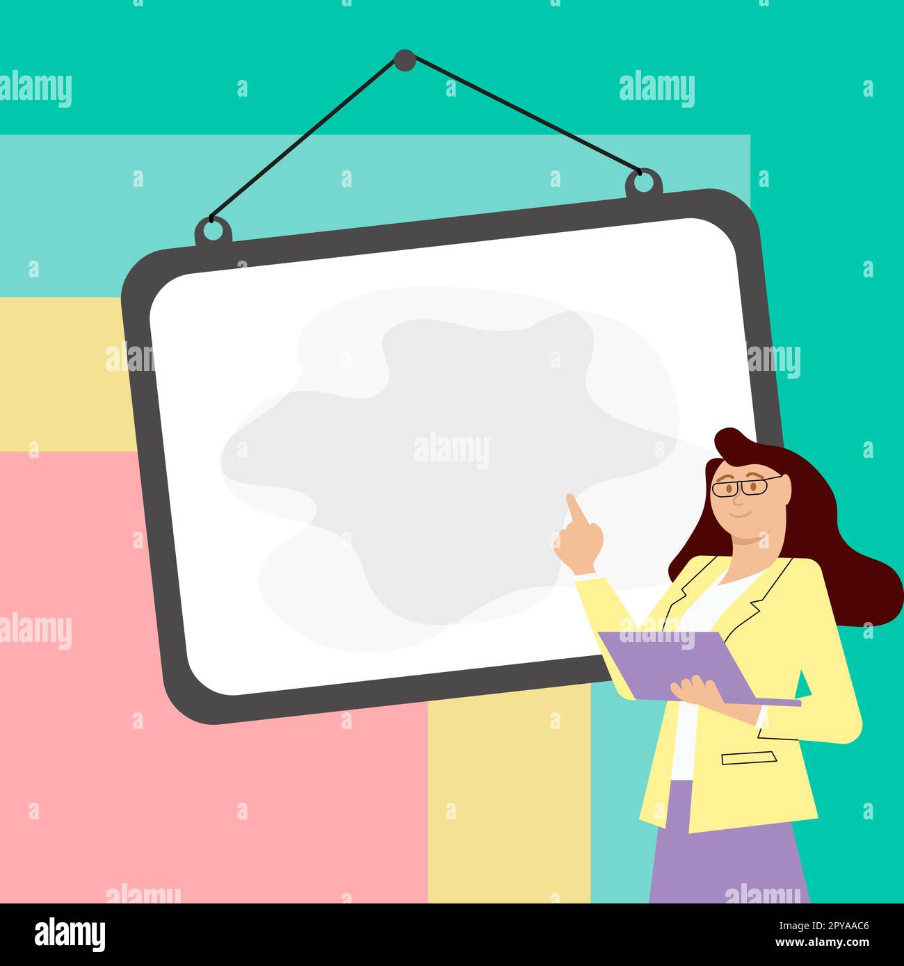 Donna in uniforme da ufficio in piedi vicino alla lavagna della scuola che presenta informazioni importanti. Spazio vuoto per il testo. Fumetto bianco su sfondo colorato chiaro. Foto Stock
