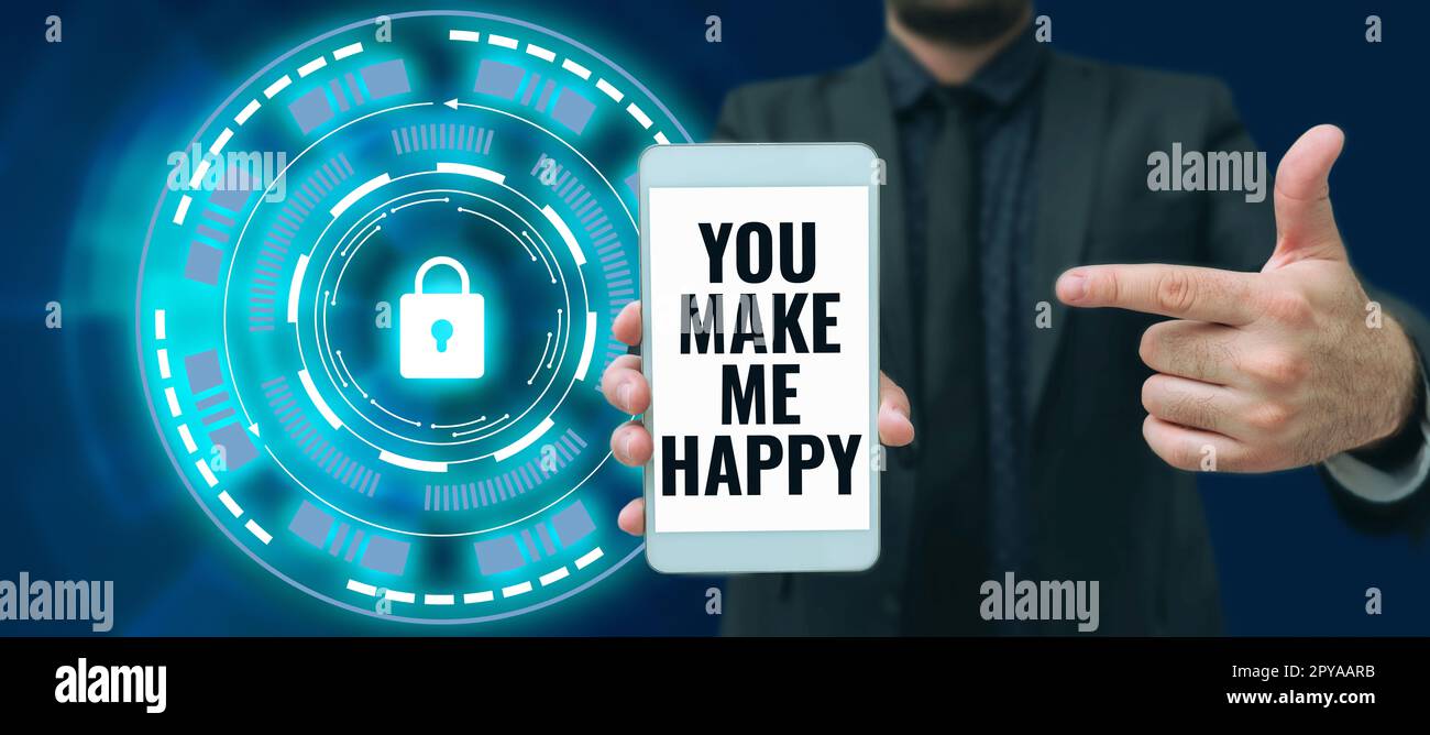 Segno che ti mostra Make Me Happy. Parola scritta su qualcosa o qualcuno che dà piacere e godimento Foto Stock