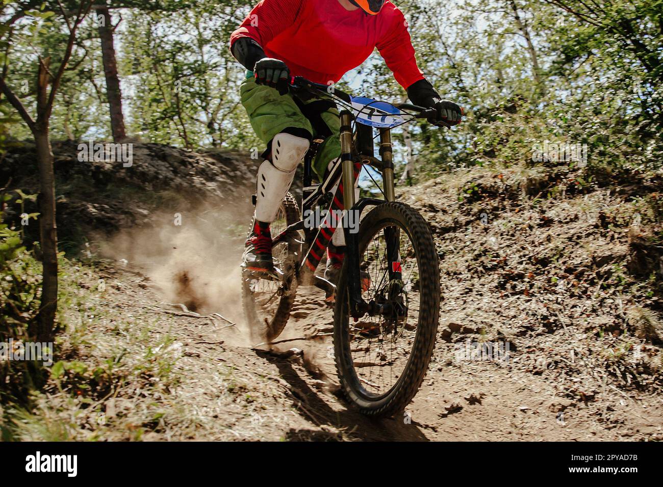 ciclista da corsa maschile pista polverosa discesa nella foresta, campionato estivo di mountain bike Foto Stock