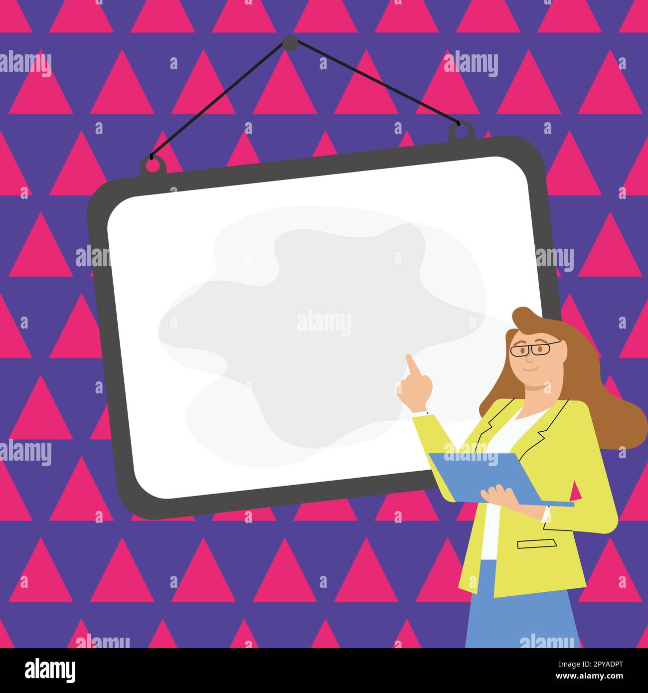 Donna in uniforme da ufficio in piedi vicino alla lavagna della scuola che presenta informazioni importanti. Spazio vuoto per il testo. Fumetto bianco su sfondo colorato chiaro. Foto Stock