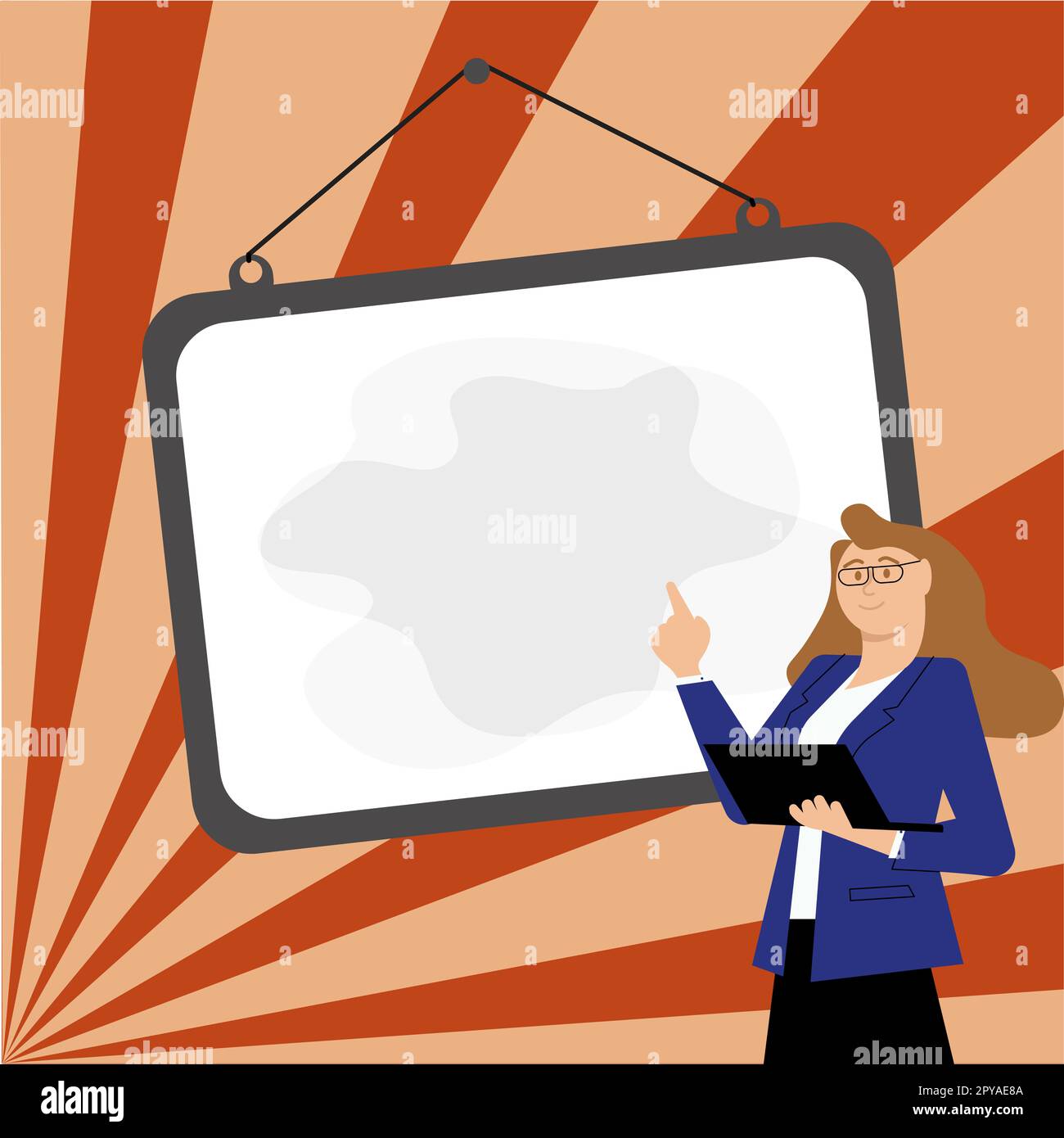 Donna in uniforme da ufficio in piedi vicino alla lavagna della scuola che presenta informazioni importanti. Spazio vuoto per il testo. Fumetto bianco su sfondo colorato chiaro. Foto Stock