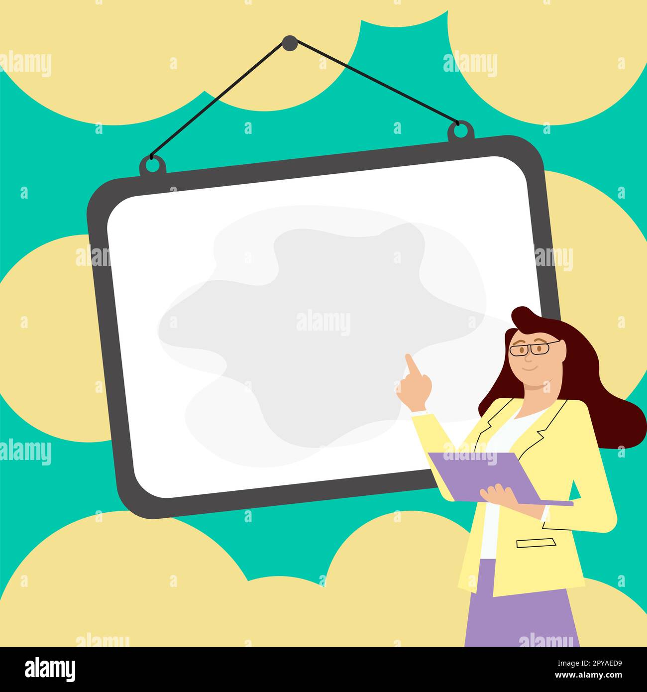 Donna in uniforme da ufficio in piedi vicino alla lavagna della scuola che presenta informazioni importanti. Spazio vuoto per il testo. Fumetto bianco su sfondo colorato chiaro. Foto Stock