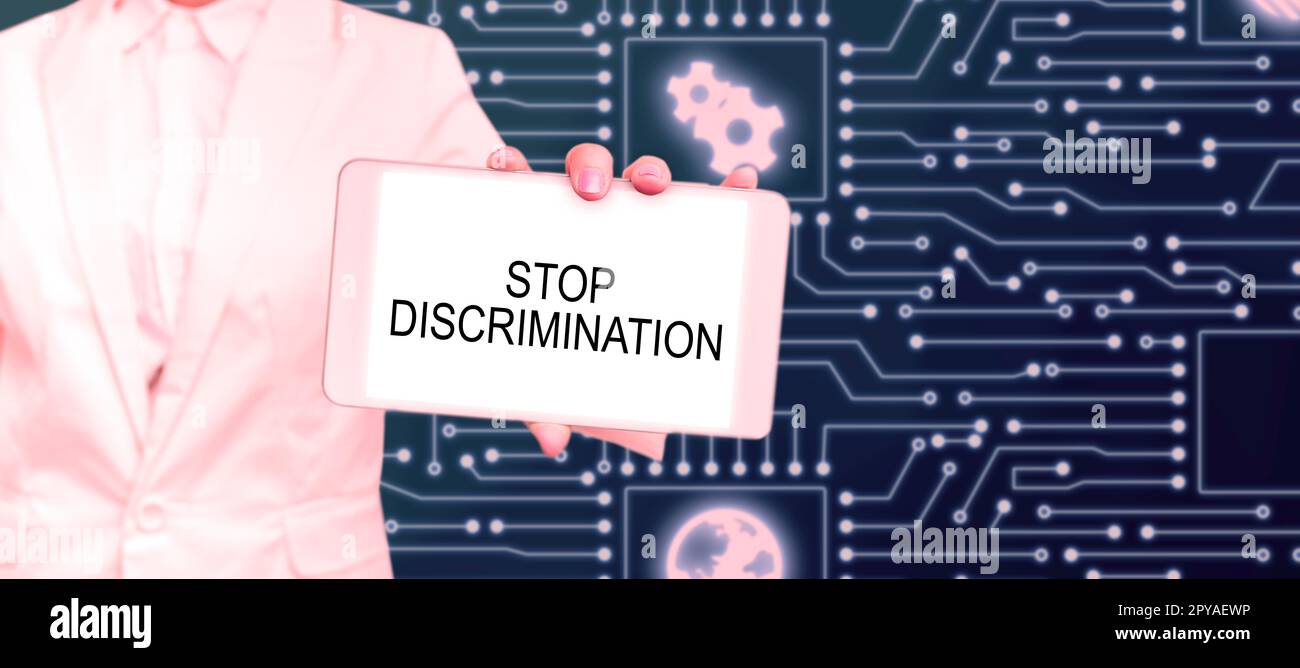 Segnale che visualizza Stop Discrimination. Parola per prevenire lo scavo illegale cava ambiente conservazione Foto Stock