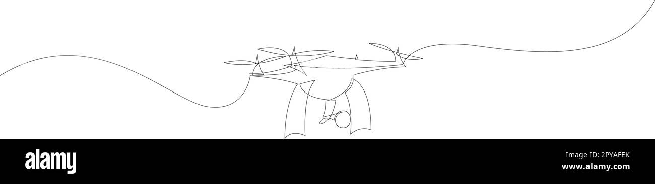 Disegno continuo di una linea di aeroplano di drone volante. Grafica piano senza equipaggio a linea singola. Moderno gadget aereo per il concetto di videografia. Vettore illustrati Illustrazione Vettoriale
