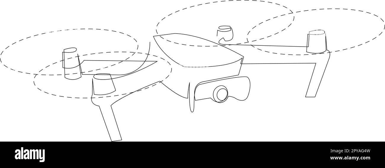 Semplice disegno di linea di aereo drone volante. Grafico piano a linea minimalista senza equipaggio. Moderno gadget aereo per il concetto di videografia. Illustrazione vettoriale Illustrazione Vettoriale