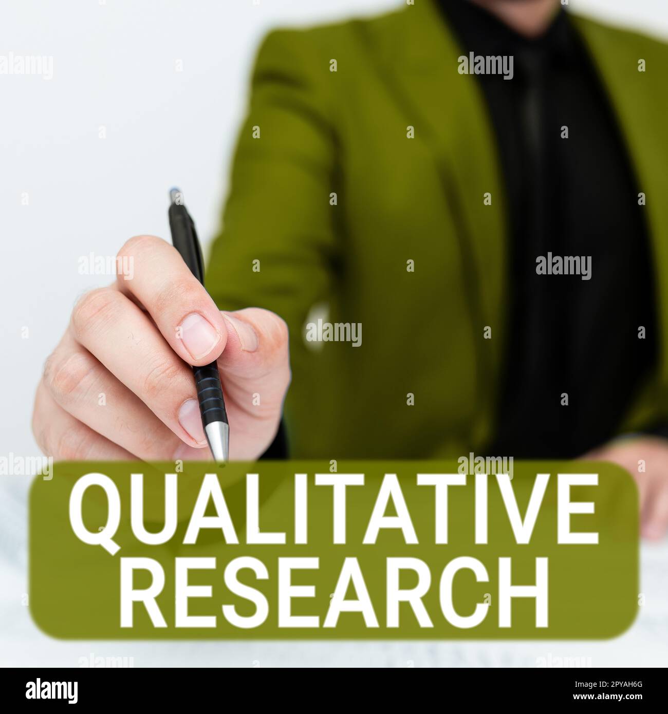 Segno di testo che mostra la ricerca qualitativa. Business idea certificata per svolgere un lavoro competente con esperienza Foto Stock