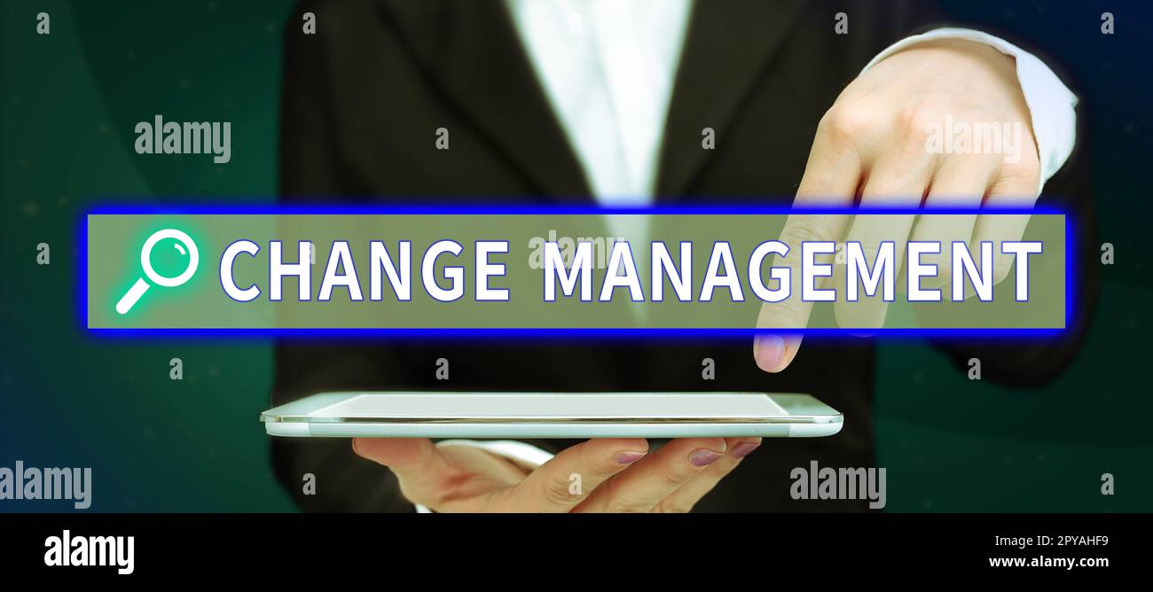 Ispirazione che mostra il segno Change Management. Idea di business Sostituzione della leadership in un'organizzazione nuove politiche Foto Stock