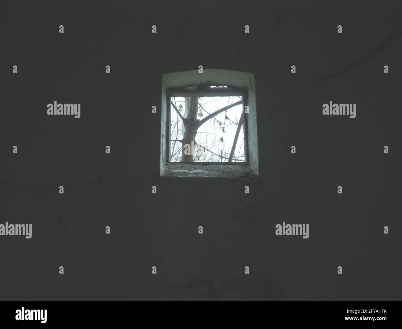 Una piccola finestra in cima al muro. Pareti spaventose con ragnatele. Vecchio dormitorio della chiesa. Halloween o luogo infestato. Cella di prigione con corde di tortura. Visioni e un mondo di allucinazioni Foto Stock