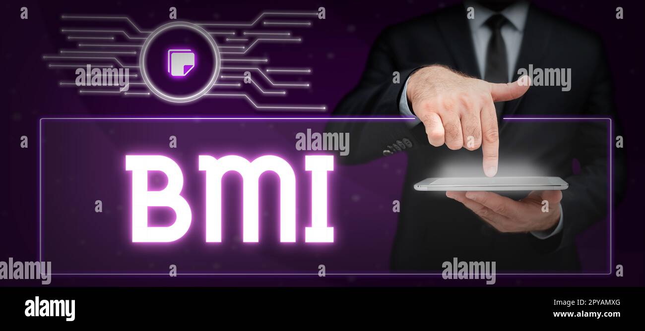 Didascalia di testo con BMI. Metodo fotografico concettuale per stimare i livelli di grasso corporeo in base al peso e all'altezza Foto Stock