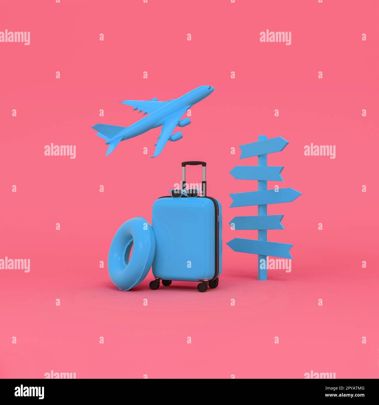 Bagagli, segnaletica, galleggiante e aereo su sfondo rosa. Concetto di destinazione di vacanza. Rendering 3D. Foto Stock