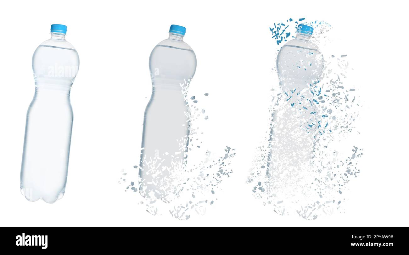 Set con bottiglie di acqua che svaniscono su sfondo bianco. Decomposizione dell'inquinamento plastico, progettazione di striscioni Foto Stock