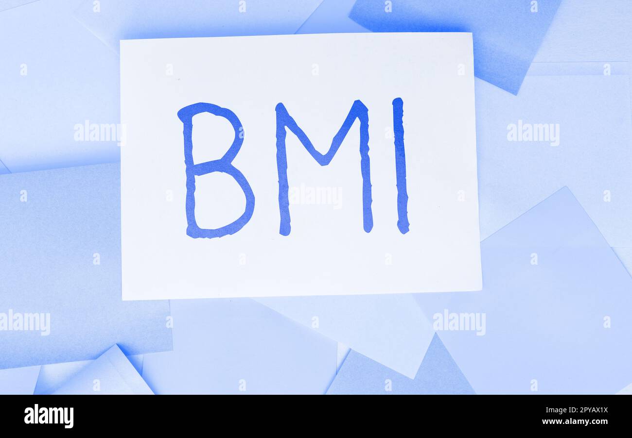 Cartello di testo con BMI. Business vetrina metodo di stima dei livelli di grasso corporeo in base al peso e altezza Foto Stock