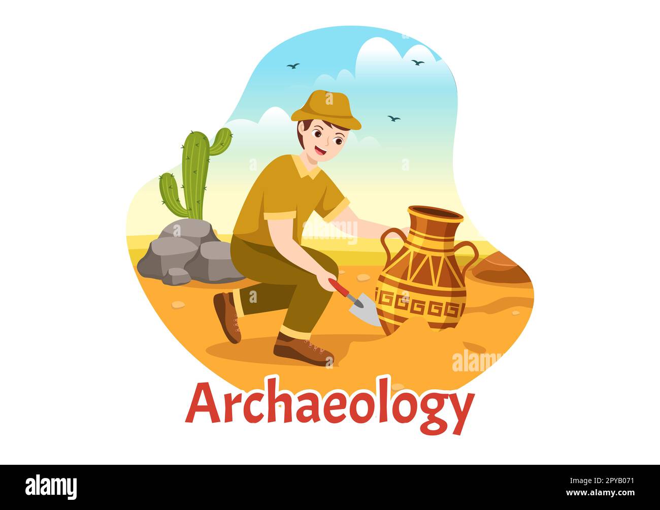 Archeologia Illustrazione con scavi archeologici di antiche rovine, manufatti e fossili di dinosauri in Cartoon piano modelli disegnati a mano Foto Stock