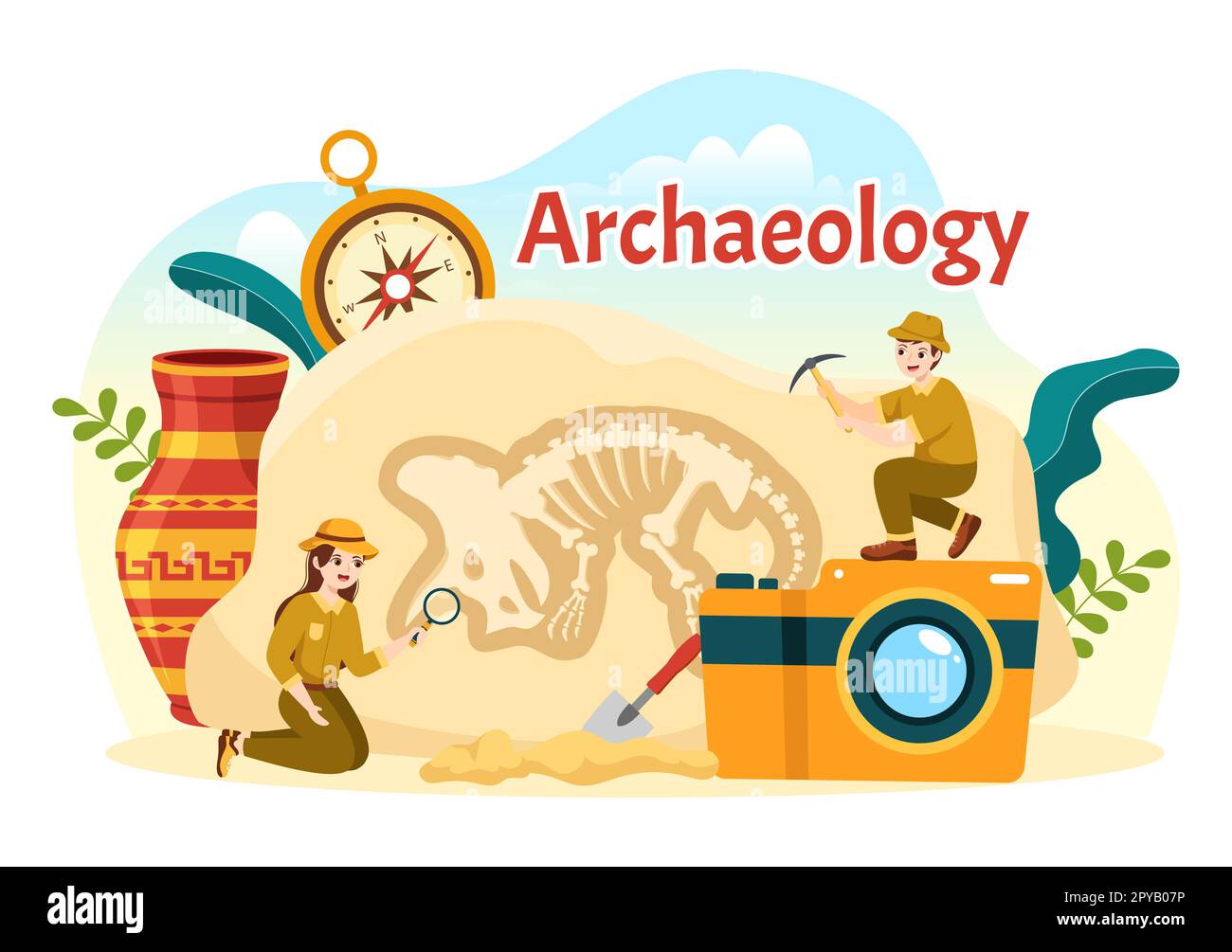 Archeologia Illustrazione con scavi archeologici di antiche rovine, manufatti e fossili di dinosauri in Cartoon piano modelli disegnati a mano Foto Stock