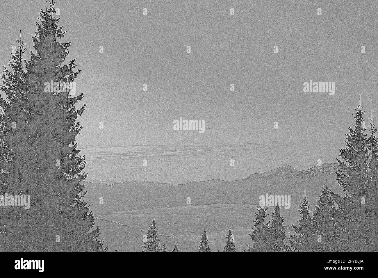 Vista tranquilla sulle catene montuose, abete rosso con incisione disegnato a mano Foto Stock