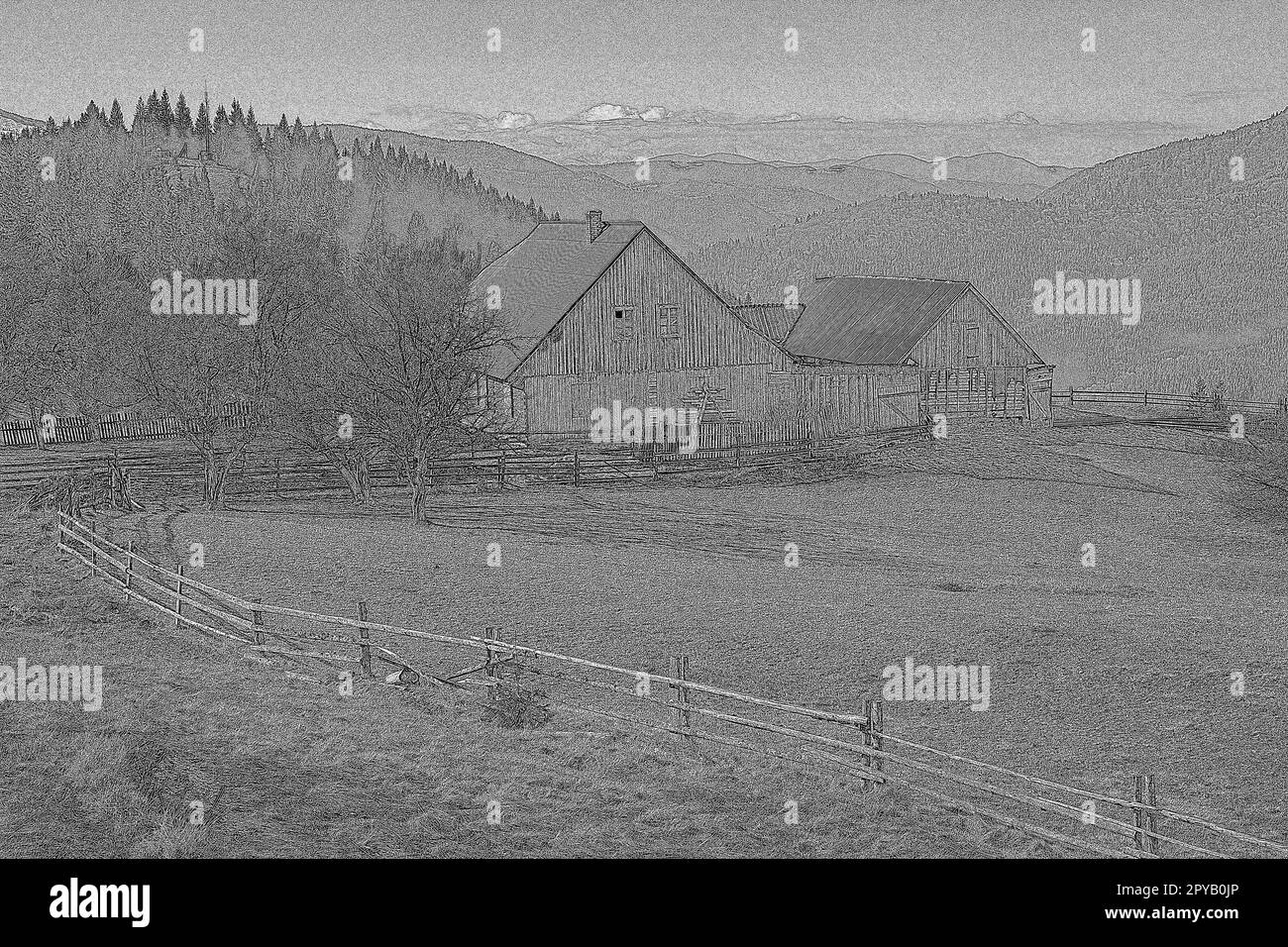 Casa abbandonata sulle montagne dei Carpazi che incide uno schizzo disegnato a mano Foto Stock