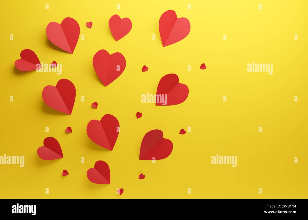 Il cuore rosso si forma su sfondo giallo, San Valentino o matrimonio Foto Stock