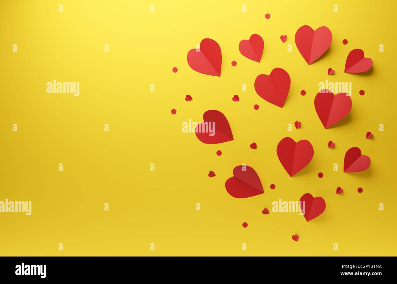 Il cuore rosso si forma su sfondo giallo, San Valentino o matrimonio Foto Stock