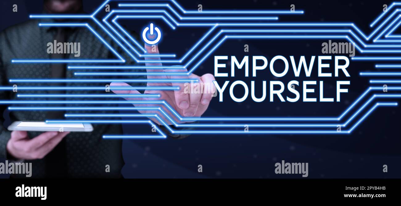 Testo che mostra ispirazione Empower Yourself. Idea di affari che prende il controllo degli obiettivi di regolazione di vita scelte positive Foto Stock