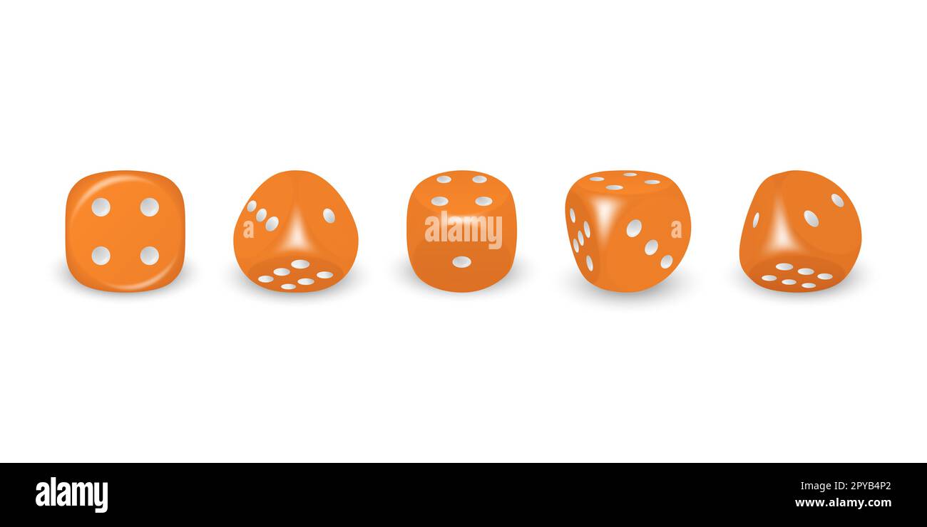 Vector 3D gioco realistico arancione dadi con punti neri icone Set closeup isolato su sfondo bianco. Cubi di gioco per giocare in diverse posizioni, CA Foto Stock Vector 3D gioco realistico arancione dadi con punti neri icone Set closeup isolato su sfondo bianco. Cubi di gioco per giocare in diverse posizioni, CA Foto Stock