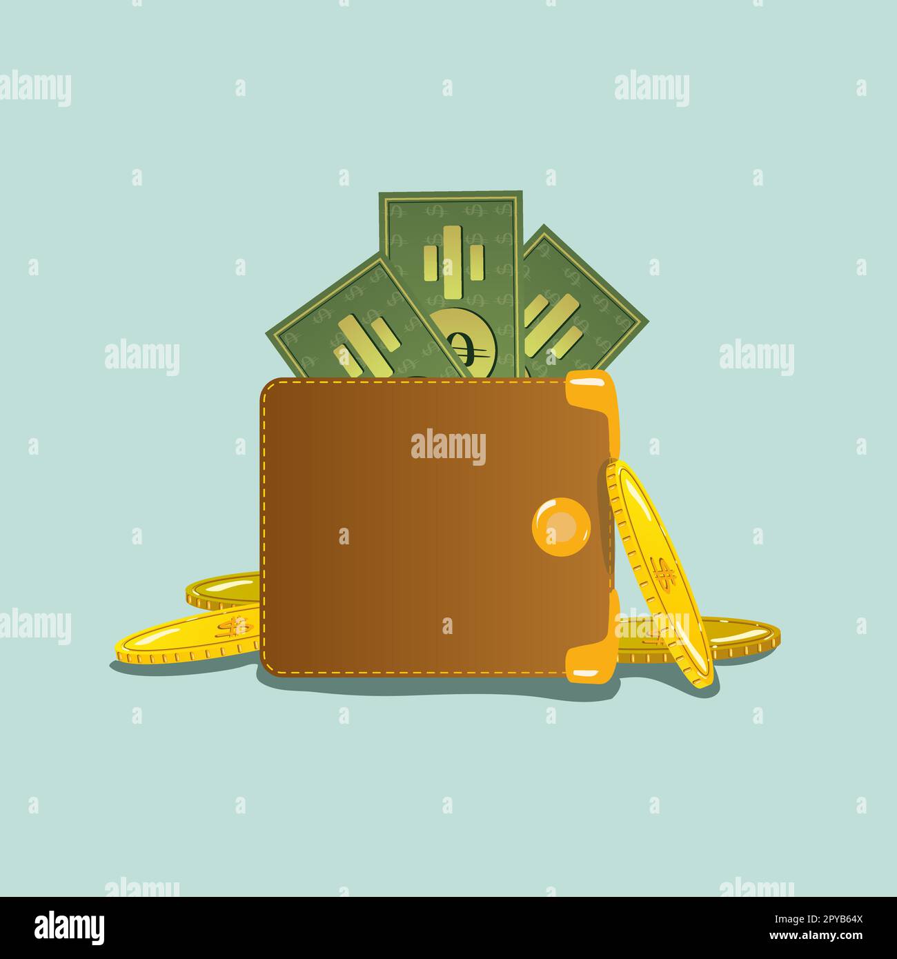Portafoglio marrone con banconote in dollari di carta verde e monete d'oro che fuoriescono, su uno sfondo stile cartoon. Icona, vettore Illustrazione Vettoriale