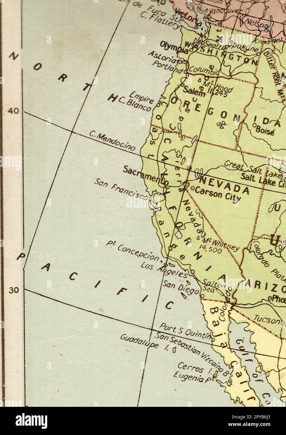 Una mappa di seppia vintage della costa occidentale degli Stati Uniti. Foto Stock