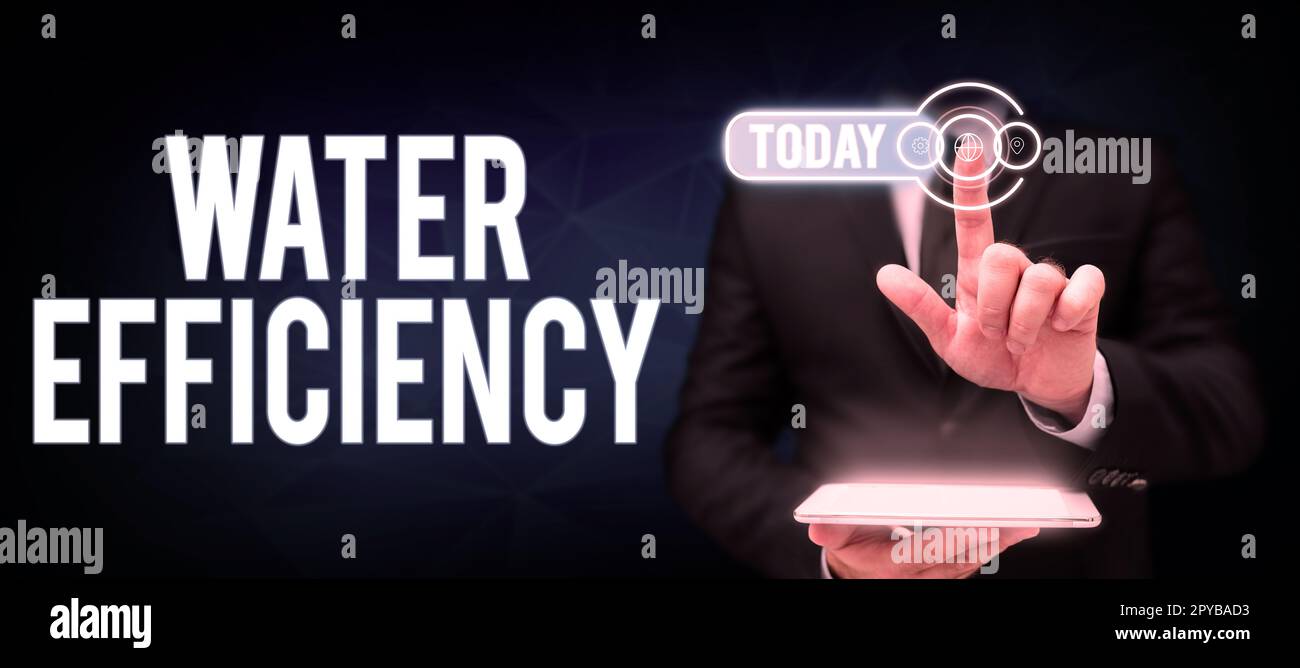 Scrittura a mano segno acqua efficienza. Business Concept Riduci gli sprechi di acqua misurando la quantità di acqua richiesta Foto Stock