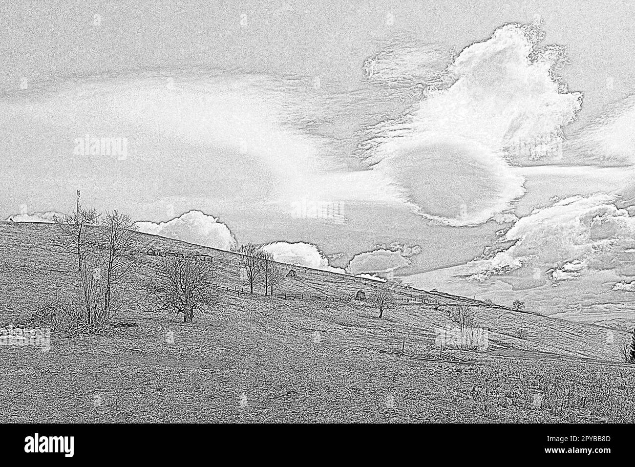 Vecchia fattoria su ripido pendio incisione disegno disegnato a mano Foto Stock