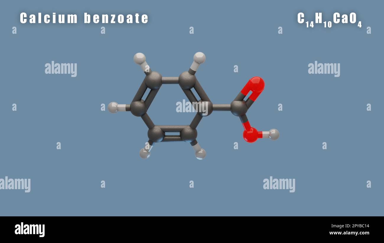 La molecola di benzoato di calcio del conformatore C14H10CaO4 3D rende. Additivo alimentare E213. Foto Stock