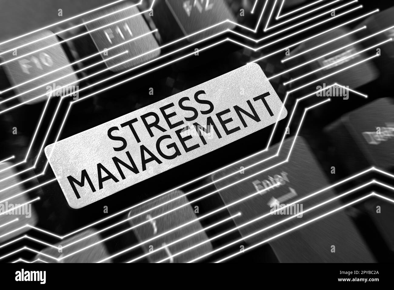 Didascalia di testo che presenta la gestione dello stress. Parola scritta sui sensi imparanti di comportarsi e pensare che riducono lo sforzo Foto Stock