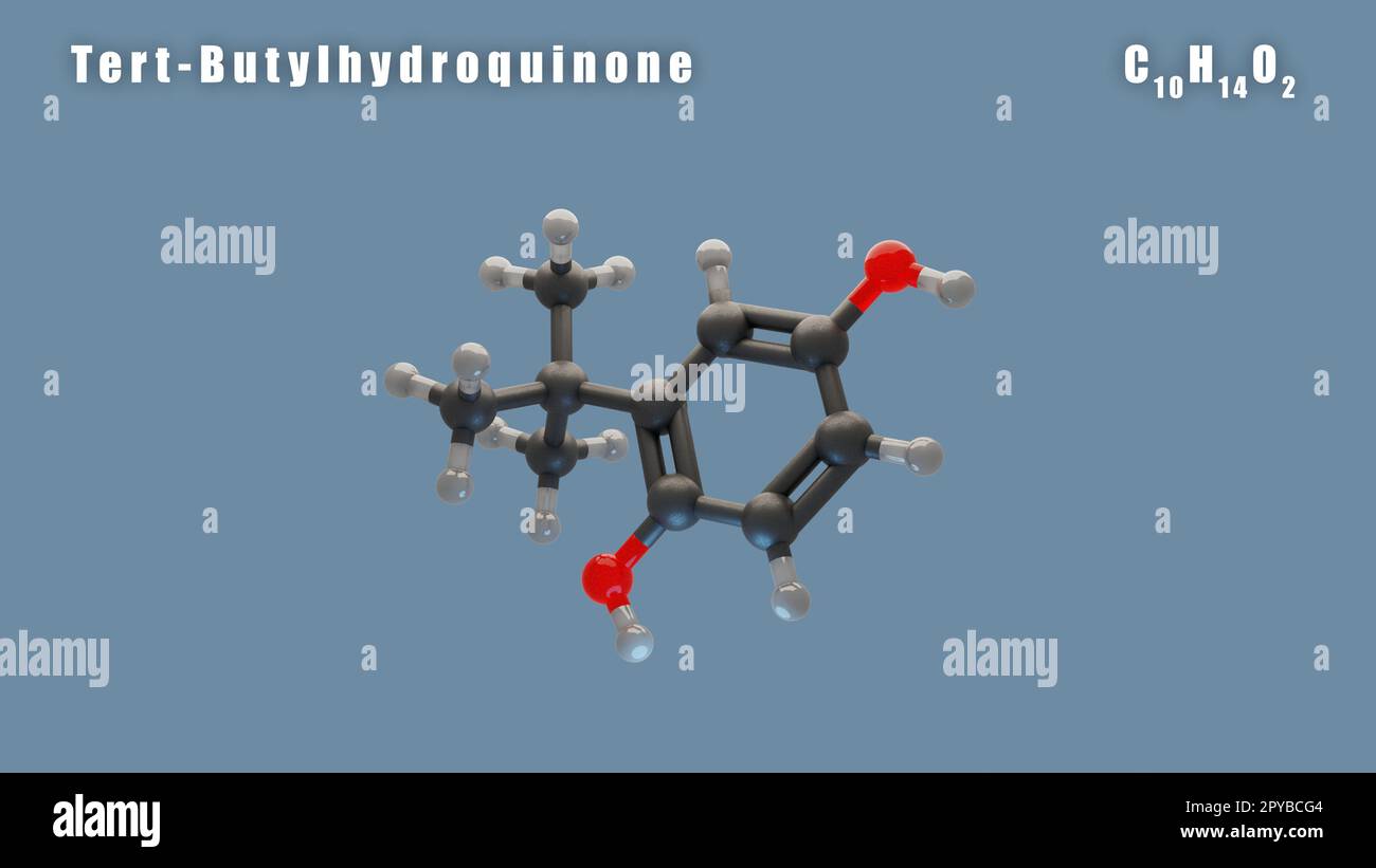 Tert-Butylhydrochinone di C10H14O2 3D rendering animato. Additivo alimentare E319 Foto Stock