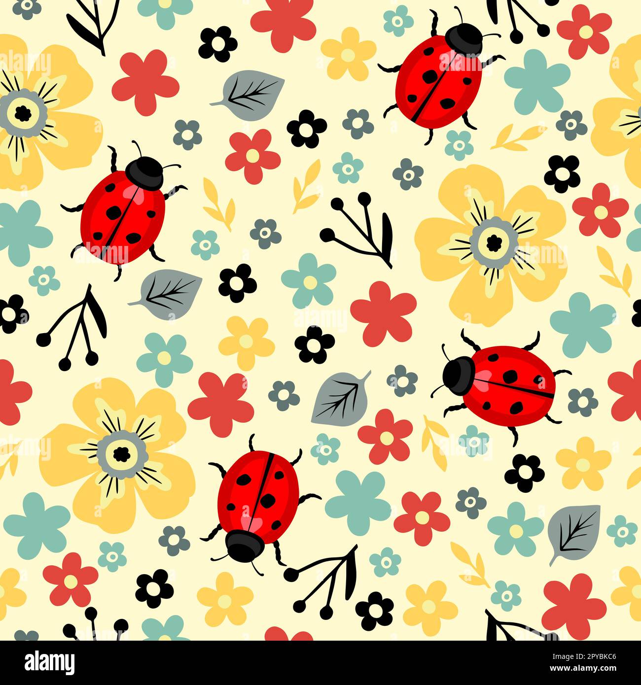 Modello senza cuciture con diversi fiori carini e coccinelle Illustrazione Vettoriale