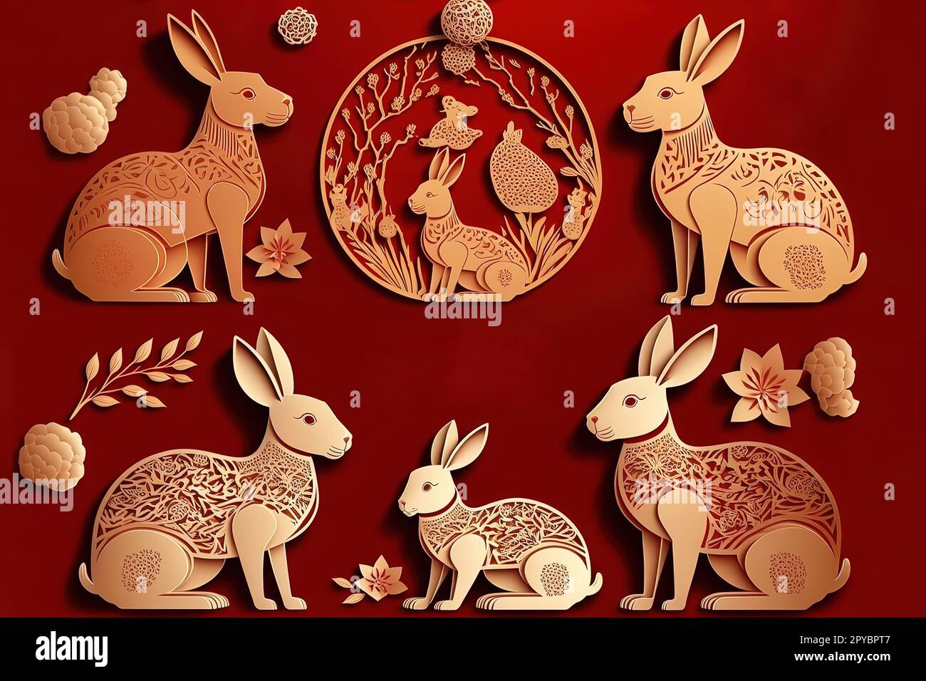 Carino set di conigli. Colletcion di Capodanno cinese lunare. Elementi tradizionali Jianzhi papercut Foto Stock