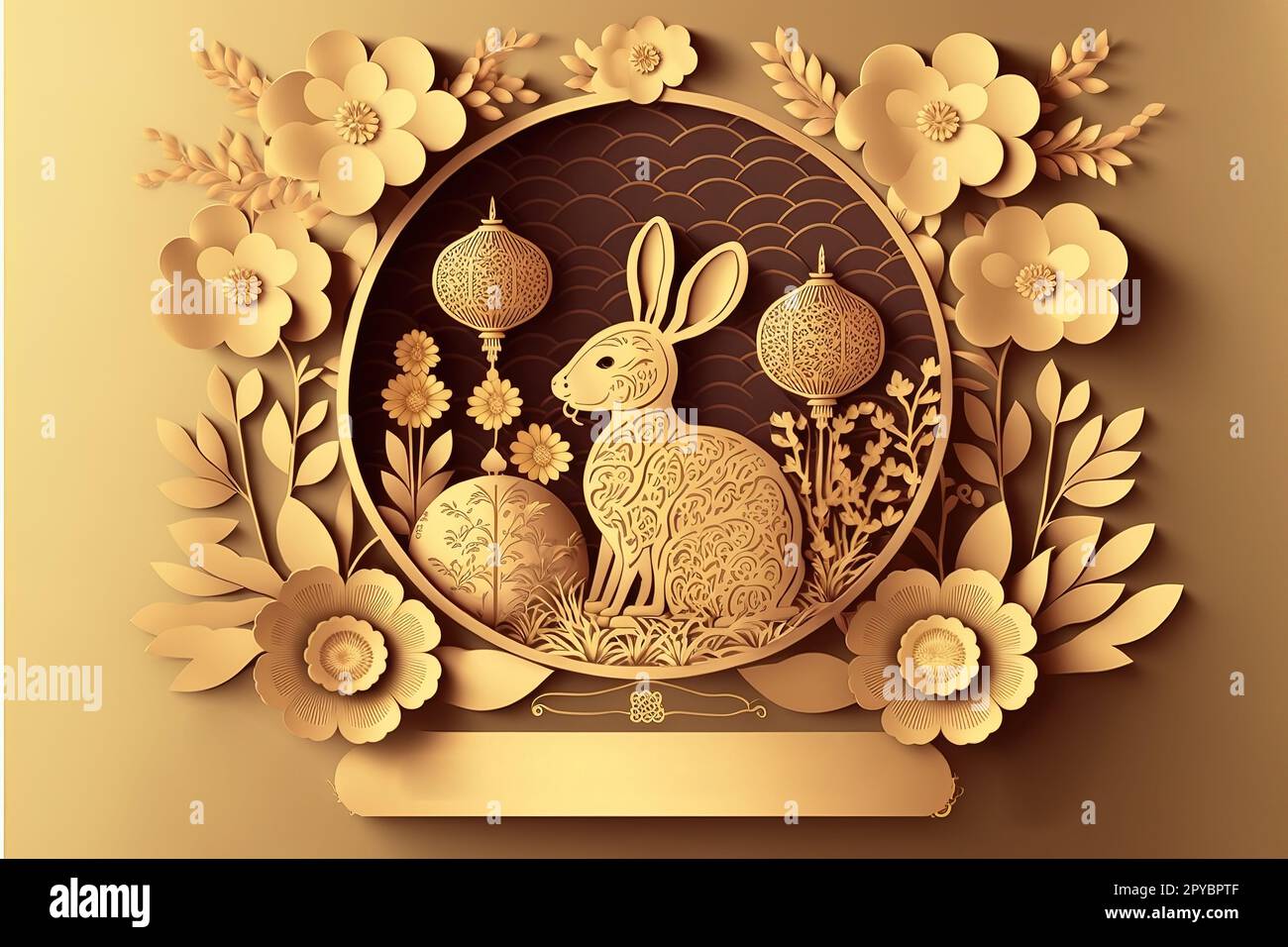 Felice anno nuovo cinese 2023 anno del segno zodiacale del coniglio con fiori, lanterna, elementi asiatici, stile carta oro tagliato su sfondo colore Foto Stock
