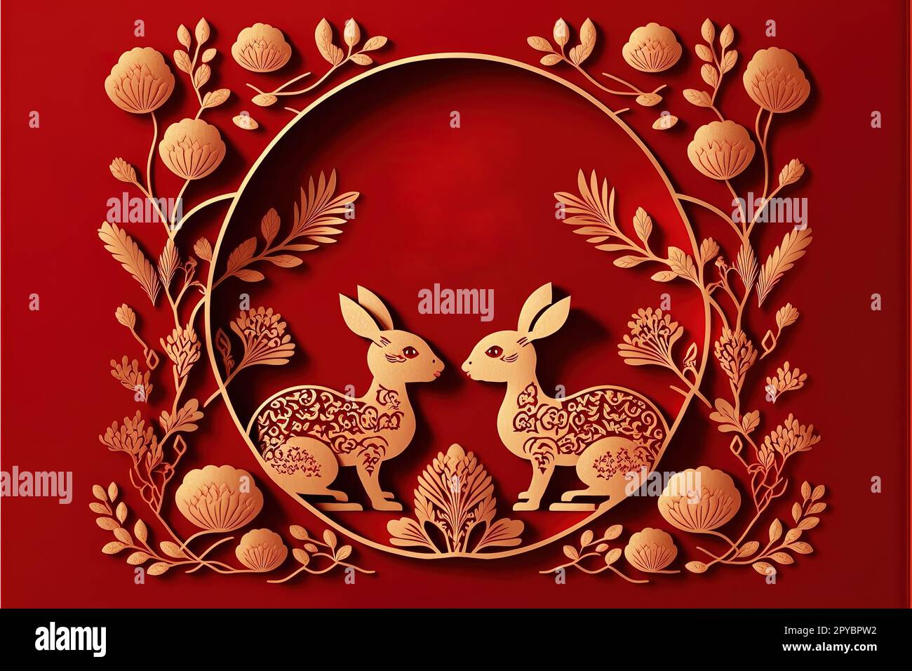 Felice anno nuovo cinese 2023, segno zodiacale di coniglio su sfondo rosso. Elementi asiatici con taglio artigianale di carta di coniglio Foto Stock