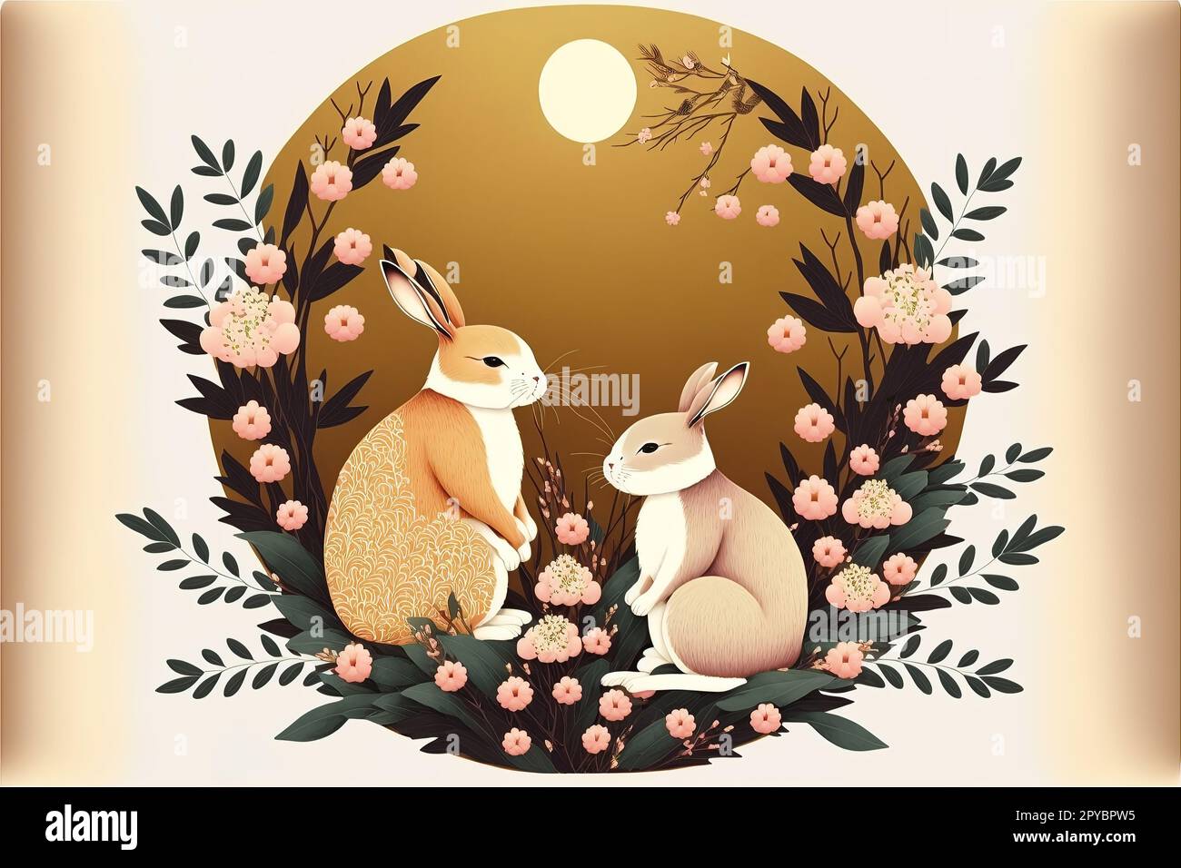 Design del personaggio dei conigli con splendidi fiori in fiore per il Mid Autumn Festival o il Capodanno cinese 2023, l'anno del segno zodiacale del coniglio Foto Stock