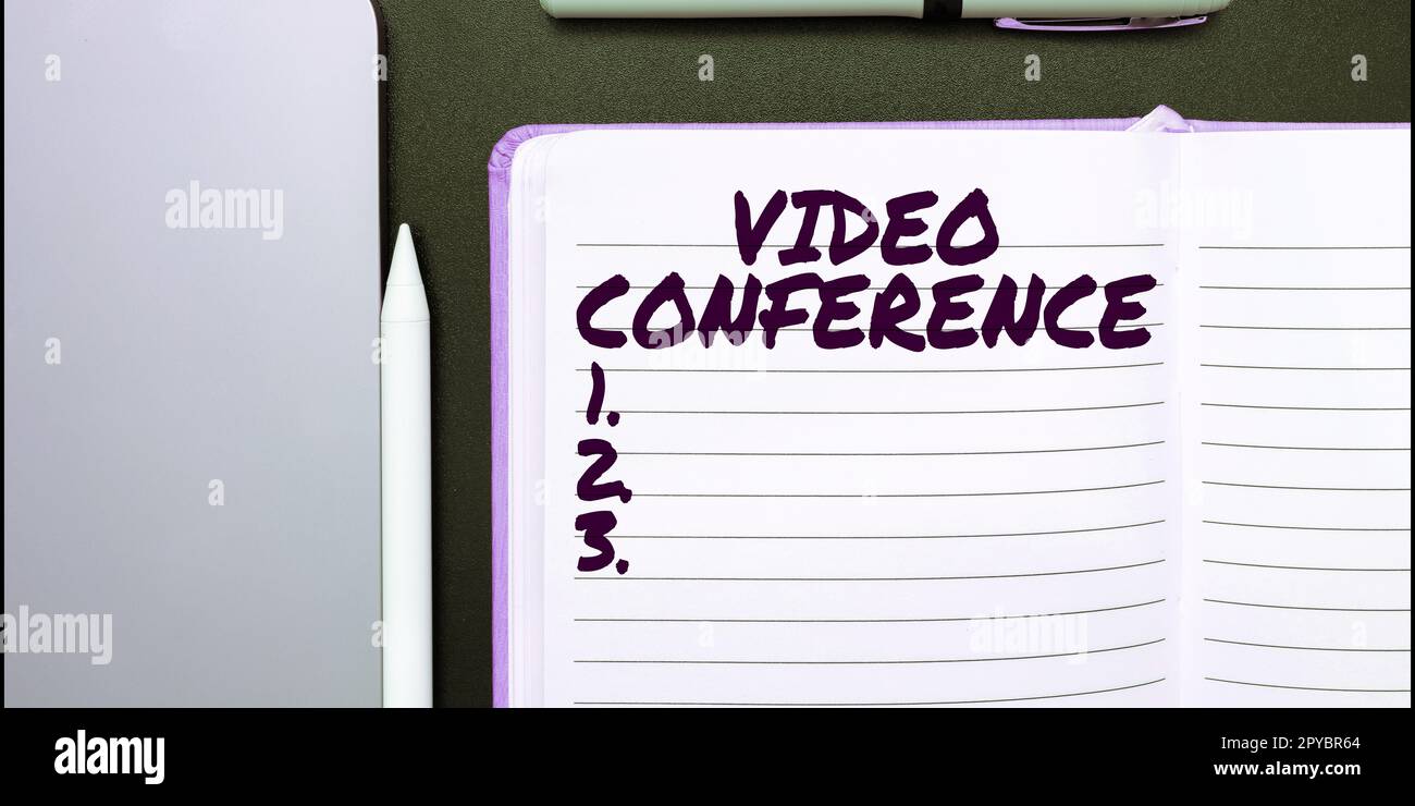 Mostra il segnale della videoconferenza. Concetto di business persone in luoghi remoti tenere riunioni faccia a faccia Foto Stock