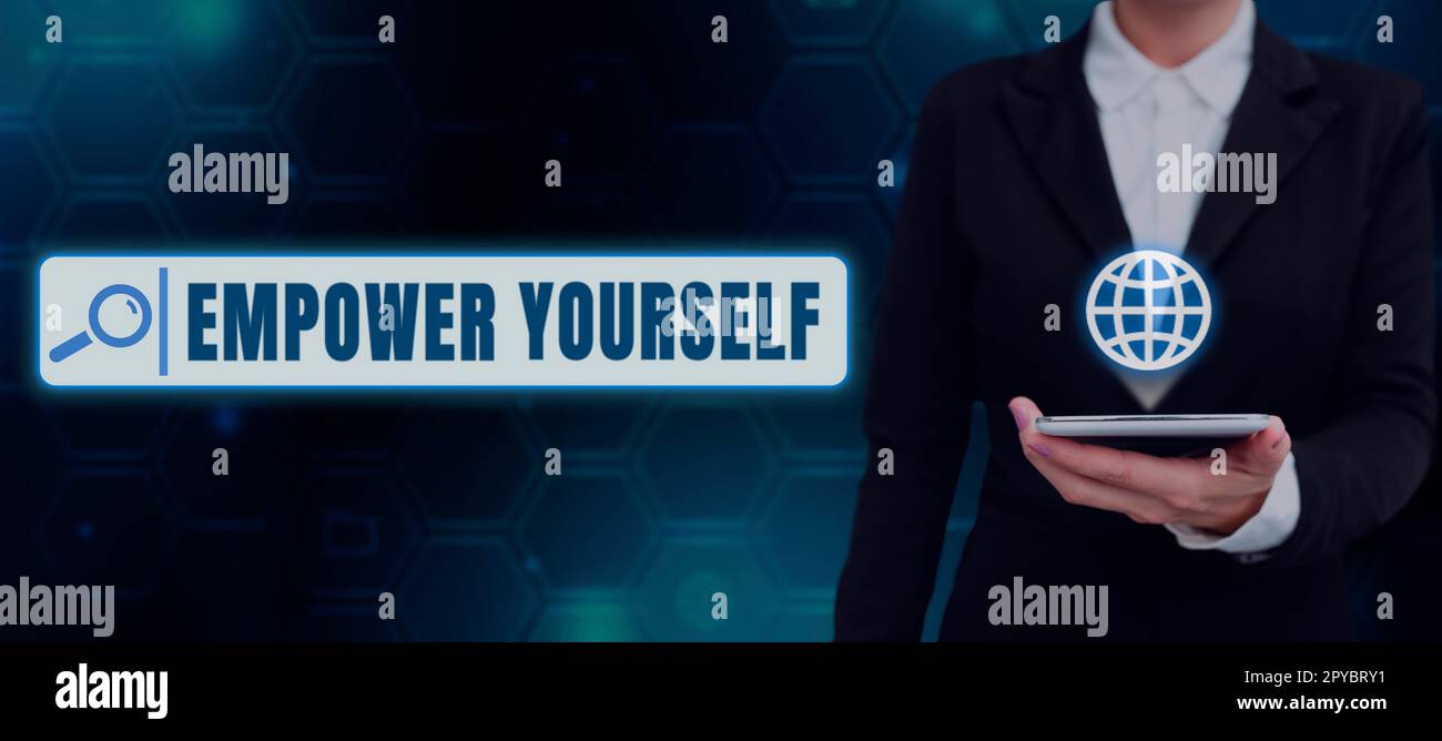 Testo che mostra ispirazione Empower Yourself. Idea di affari che prende il controllo degli obiettivi di regolazione di vita scelte positive Foto Stock