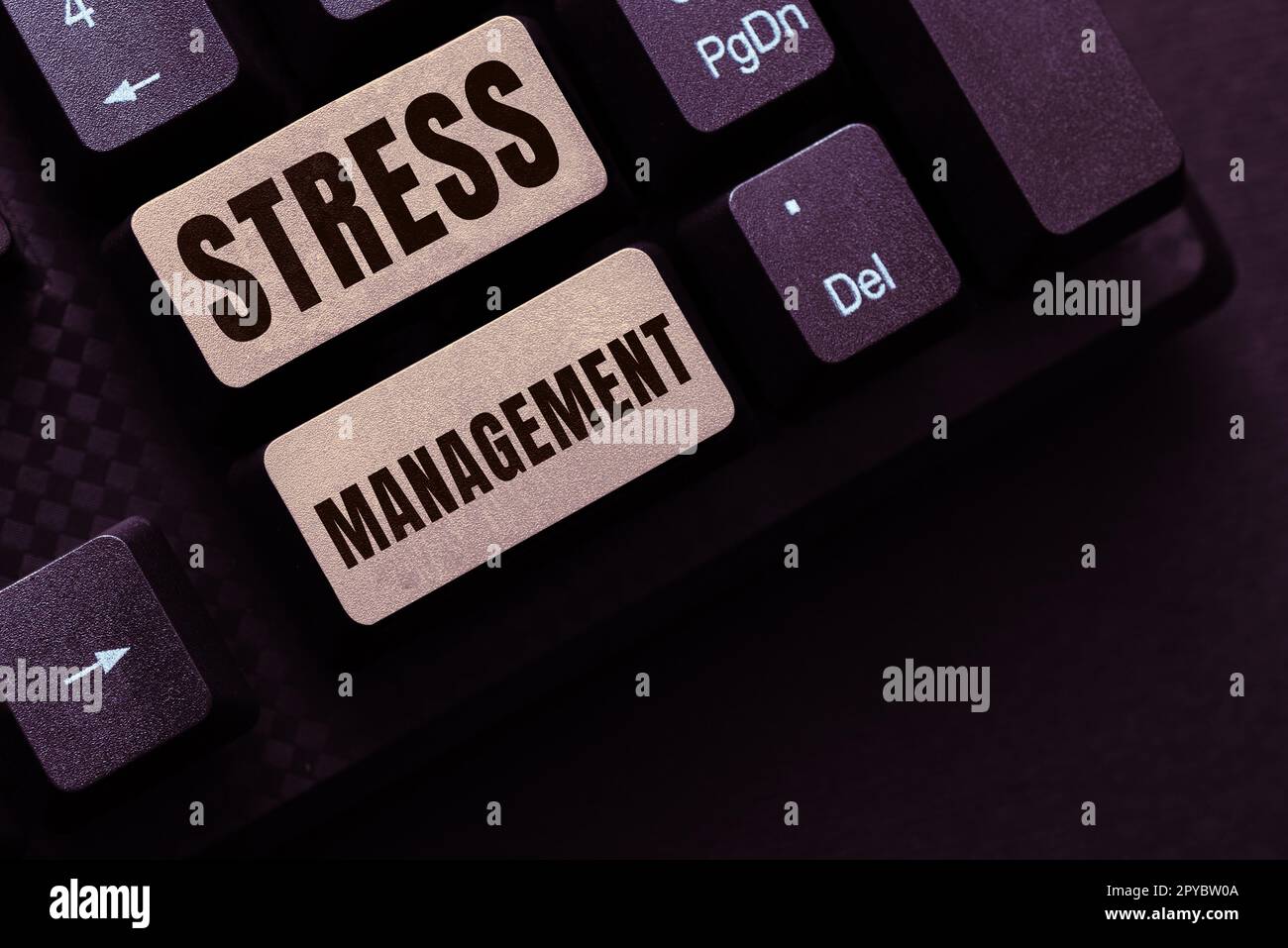Scrittura a mano segno stress Management. Parola scritta sui sensi imparanti di comportarsi e pensare che riducono lo sforzo Foto Stock