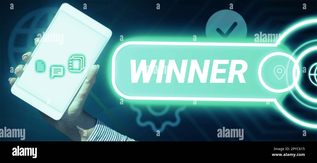 Vincitore con cartello. Internet Concept vincente come 1st° posto o campione in una competizione Foto Stock