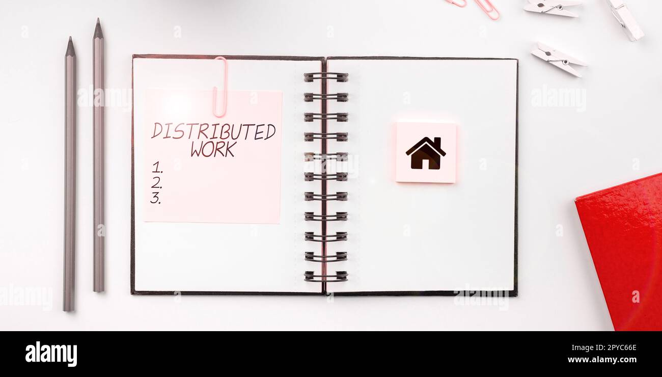 Scrittura a mano testo distribuito lavoro. Foto concettuale praticata dalle imprese che utilizzano le strutture di rete Foto Stock