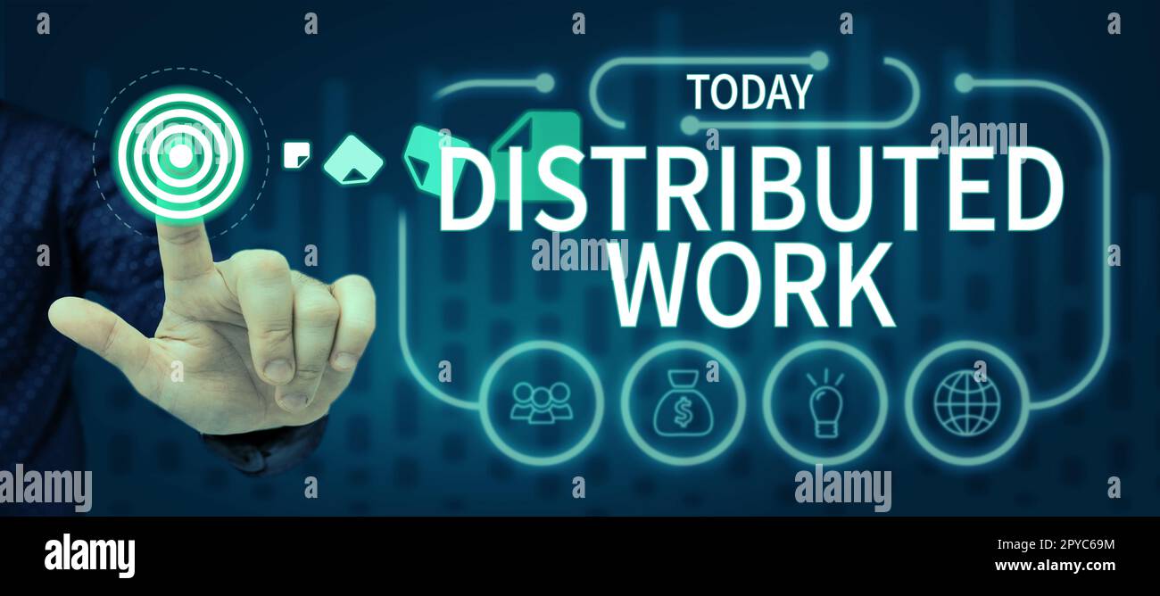 Segno che mostra il lavoro distribuito. Foto concettuale praticata dalle imprese che utilizzano le strutture di rete Foto Stock