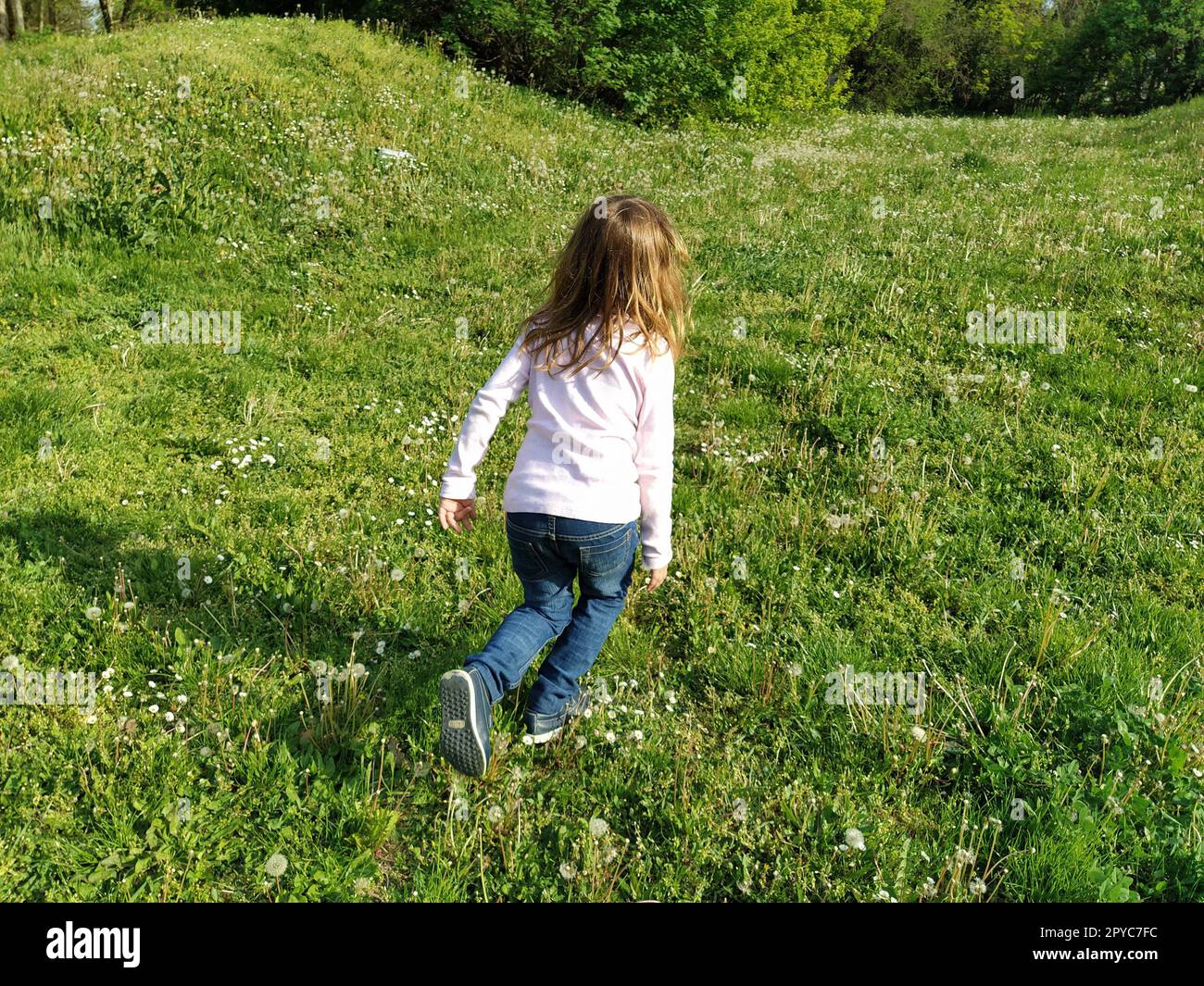 La ragazza corre attraverso il campo con erba verde tagliata. il bambino è vestito con una camicetta bianca e jeans blu. Sera d'estate. Divertimento per bambini. Ragazza con lunghi capelli biondi Foto Stock