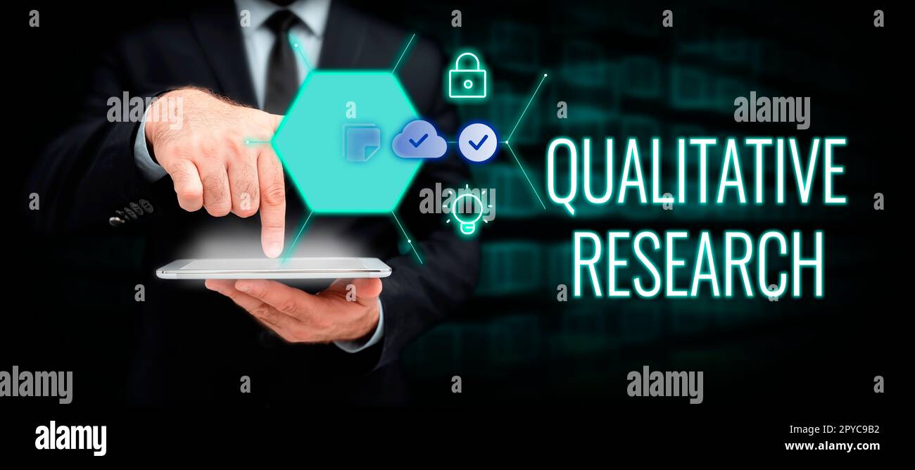 Testo che mostra ispirazione Ricerca qualitativa. Internet Concept certificato per svolgere un lavoro competente con esperienza Foto Stock